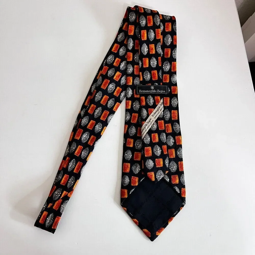 Ermenegildo Zegna 100% Silk Tie Black Orange Print Made in Italy Men's